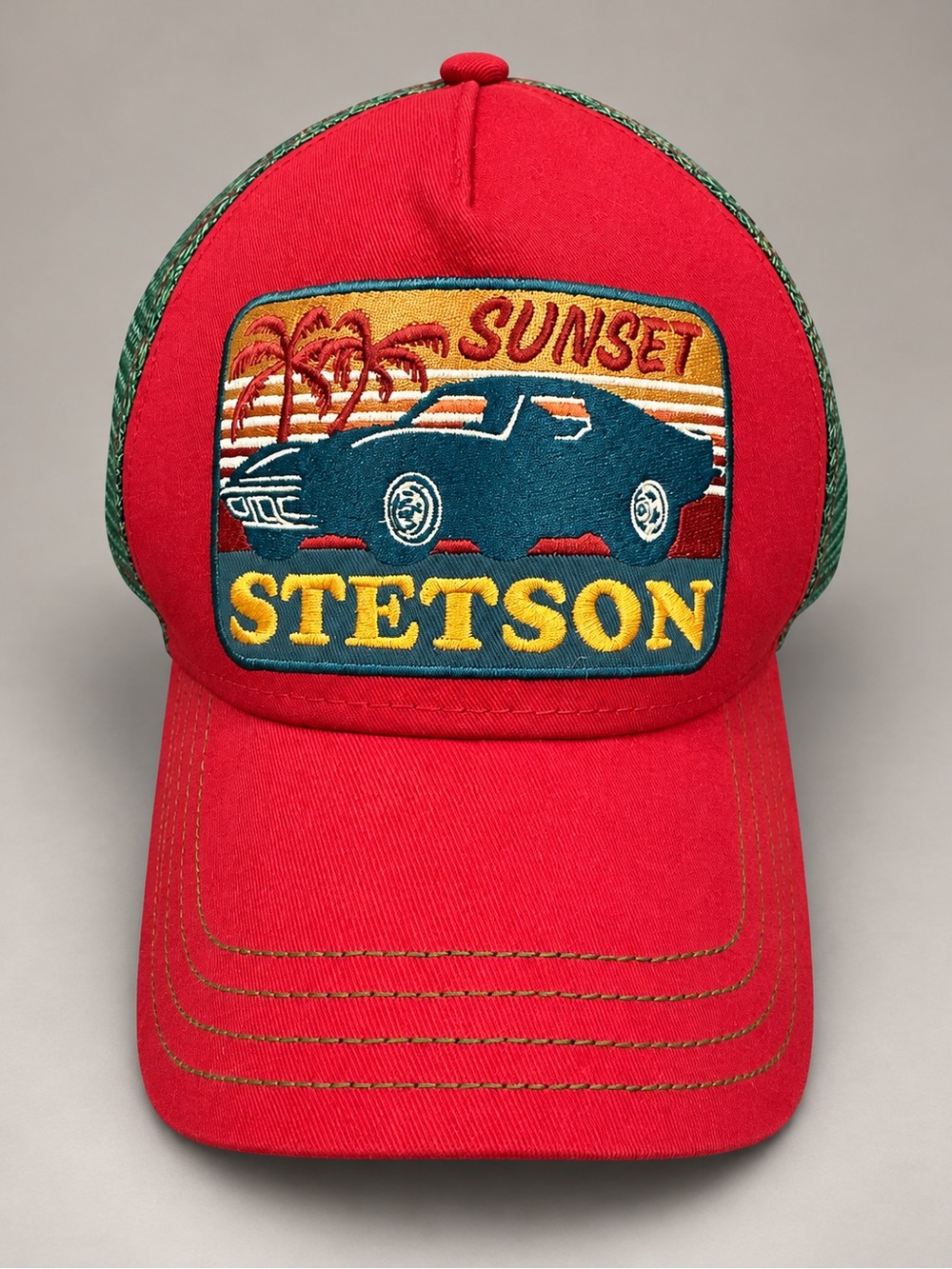 Stetson Sunset Trucker Hat Red Green Mesh Snapback Retro Car Patch Cap